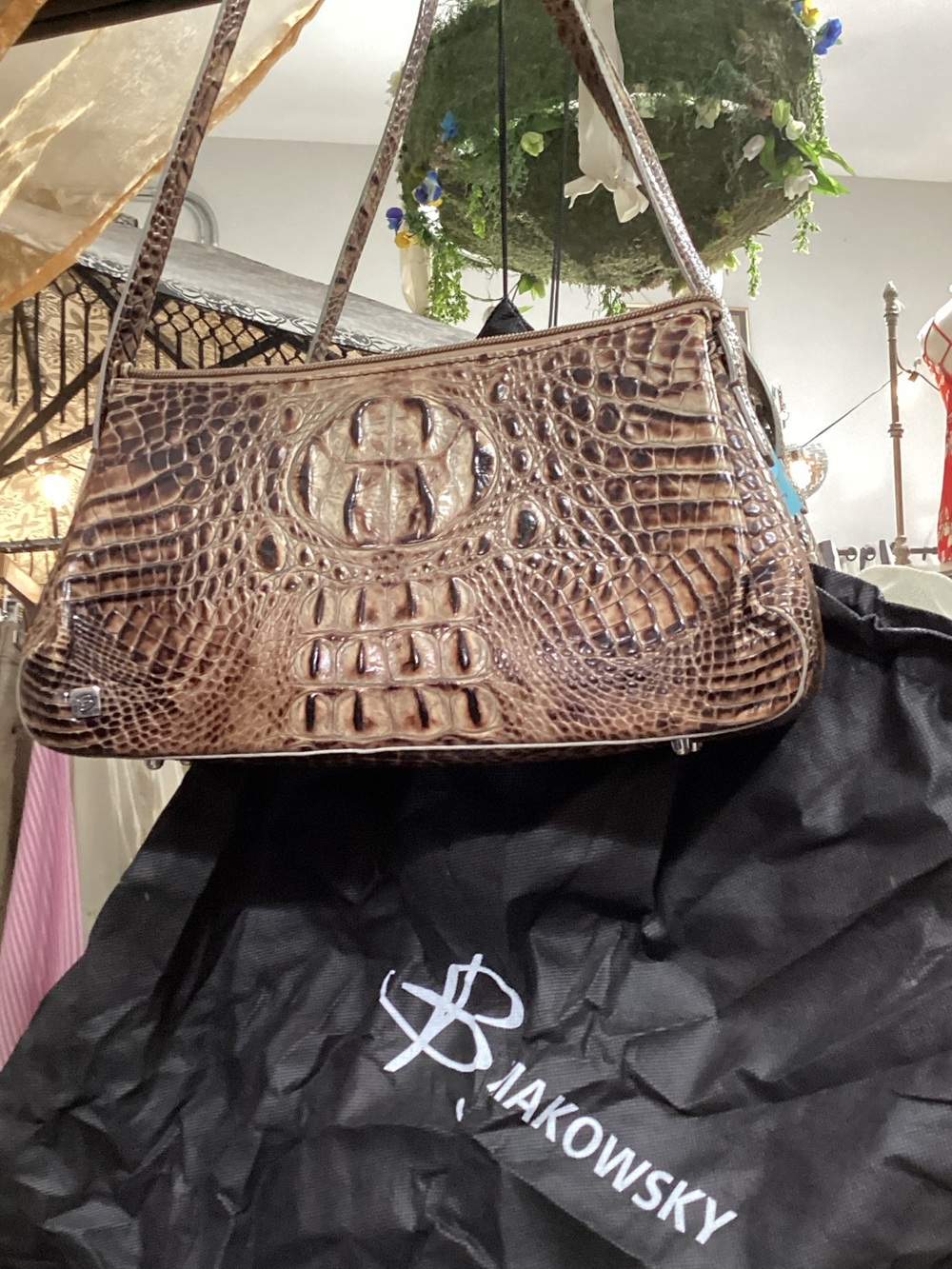 Brown Croc-Embossed Leather BESSO.  ITALIAN. Shoulder Bag